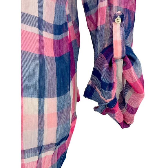 Hollister 2016 Pink & Blue Sheer Plaid Button-Up & Roll Cuffs Casual Relaxed Top - Picture 11 of 13